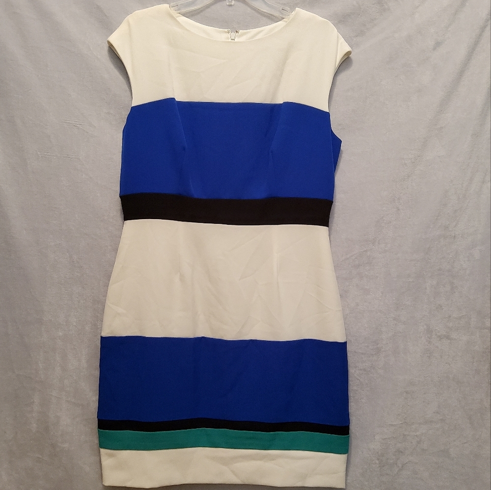 SANDRA DARREN STRETCH MULTI COLOR SHEATH DRESS EXTENDED SHOULDER BOATNECK SZ 12